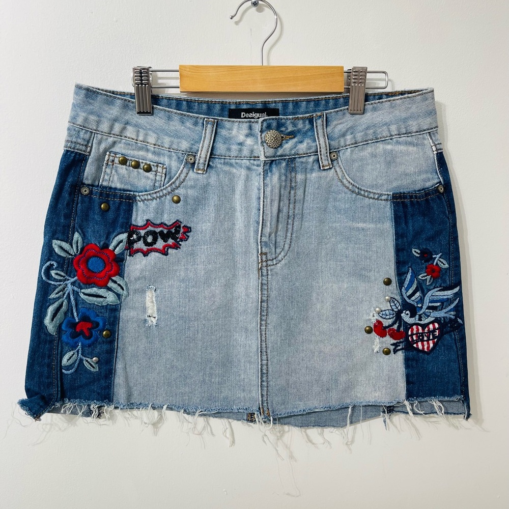 Desigual Light and Dark Blue Embroidered Mini Skirt